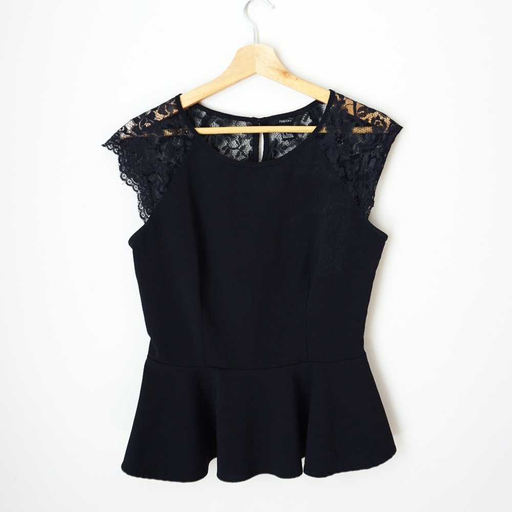Black Peplum top w/ lace shoulders and backing